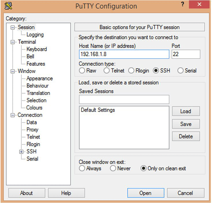 Configuration SSH de l'interface client PuTTY