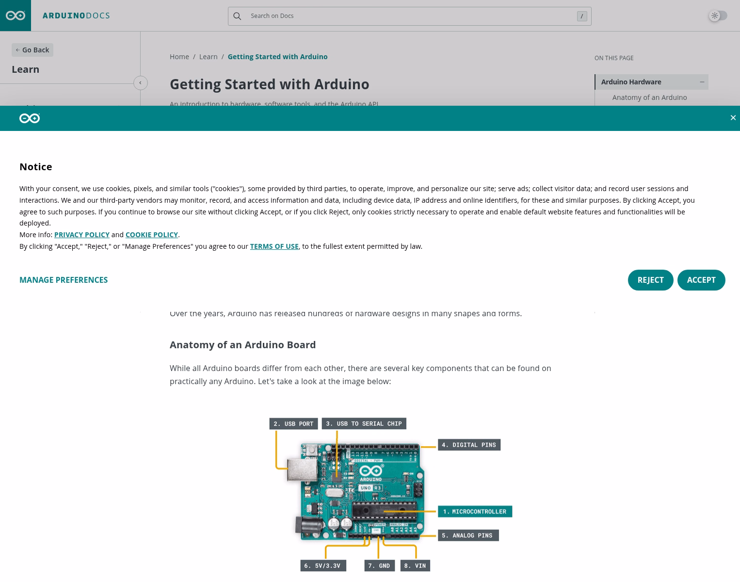 Capture de la documentation officielle Arduino Getting Started