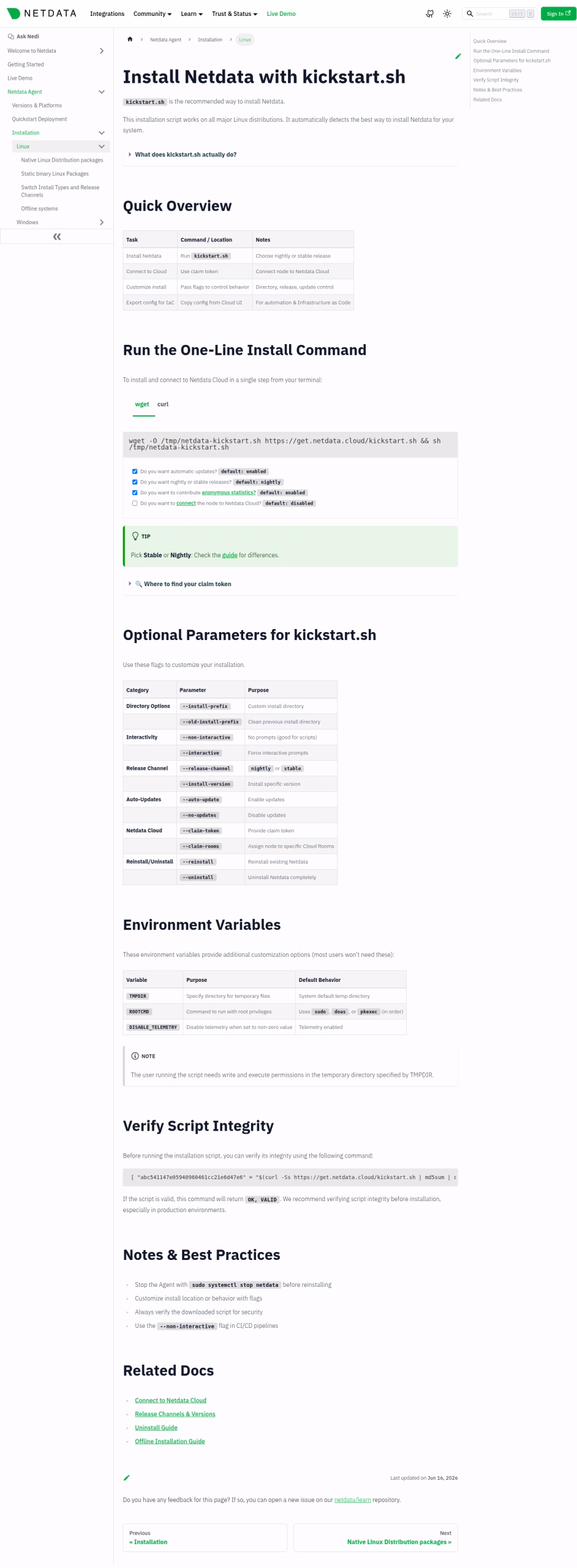 Capture de la documentation officielle Netdata pour installer l’agent Linux