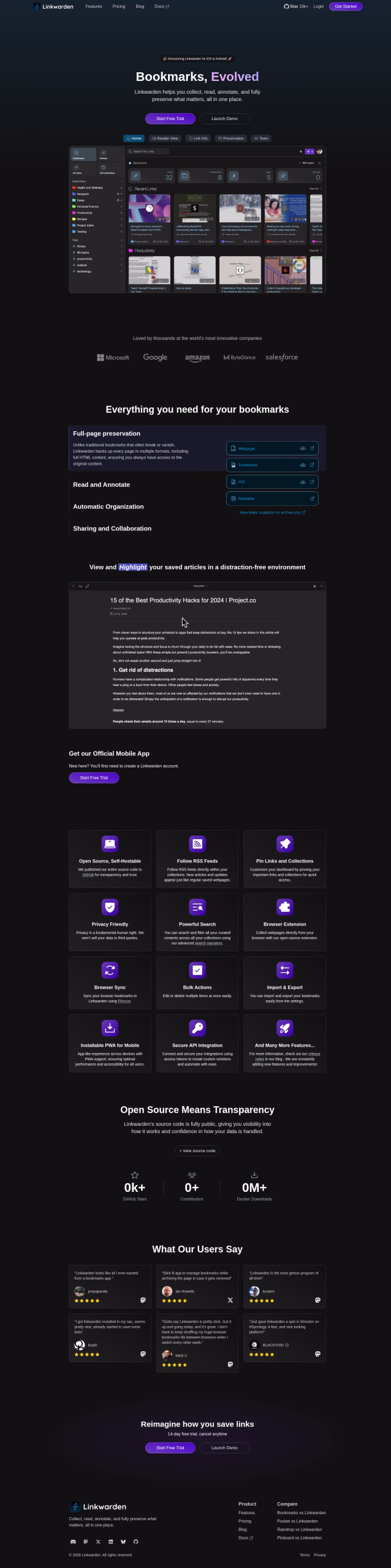 Capture du site officiel Linkwarden