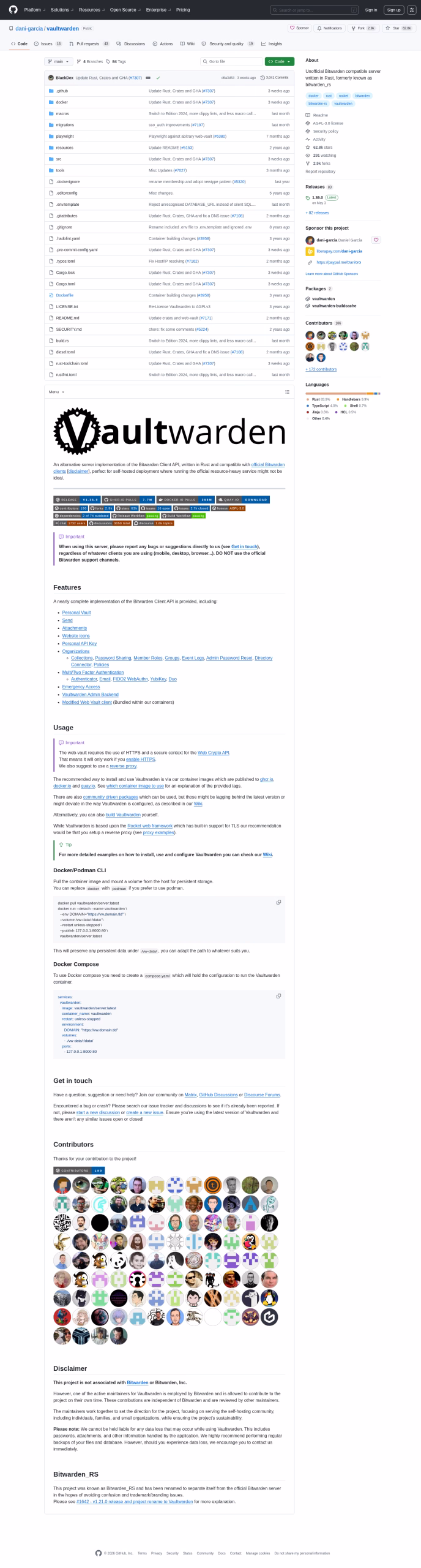Capture du dépôt GitHub officiel de Vaultwarden