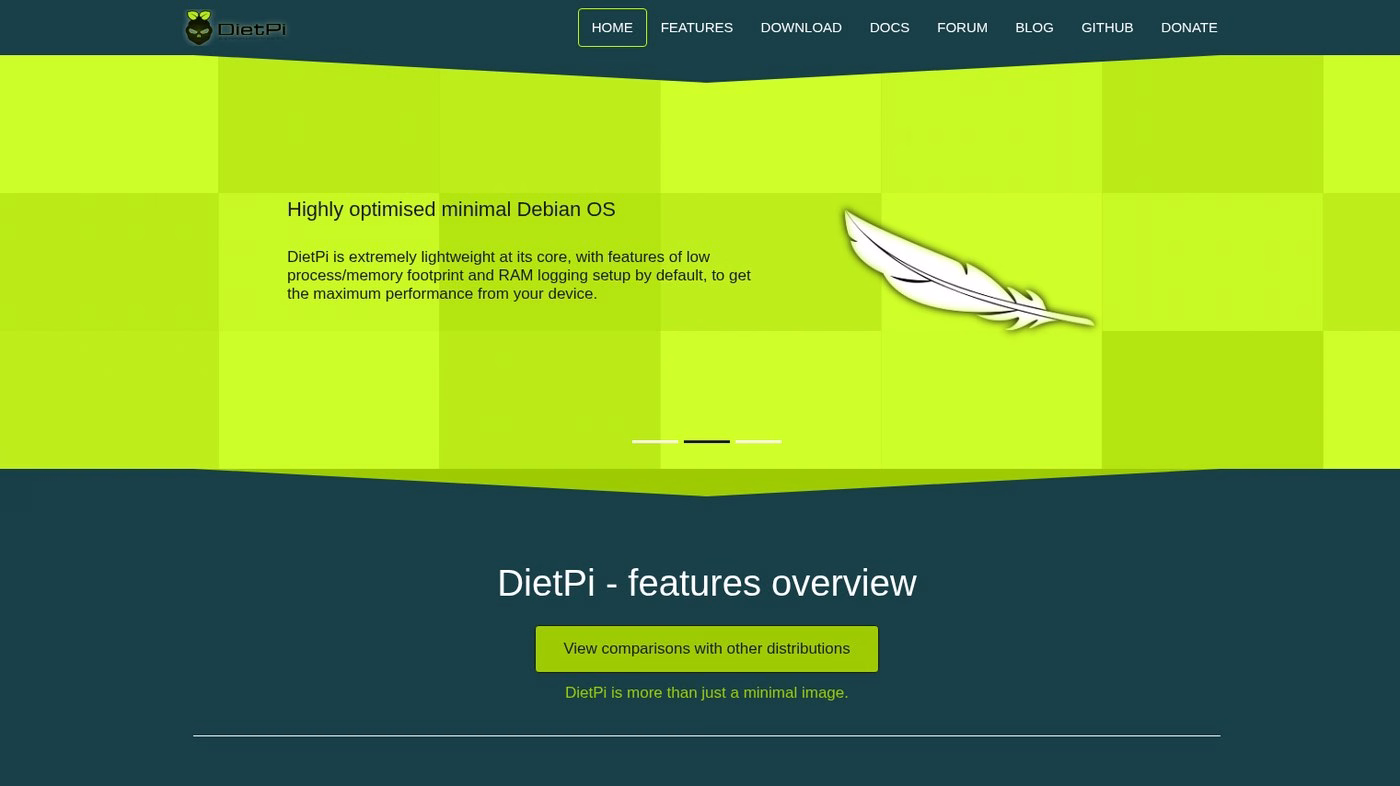 Capture du site officiel DietPi avec les fonctionnalités et téléchargements Raspberry Pi