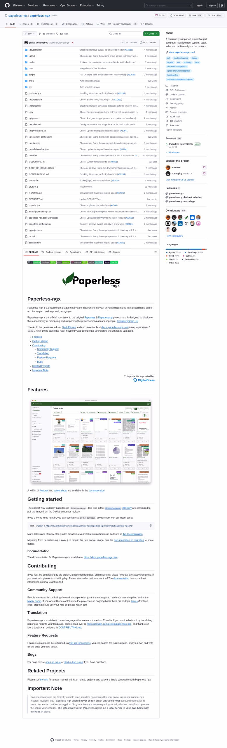 Capture du dépôt officiel Paperless-ngx sur GitHub
