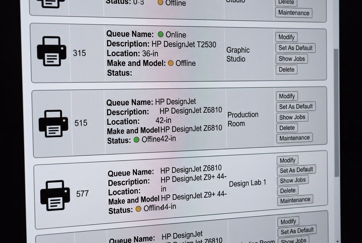 Interface d’un système d’impression avec plusieurs files d’attente et états (Online/Offline) affichés. impression grand format Raspberry Pi mentionnée.