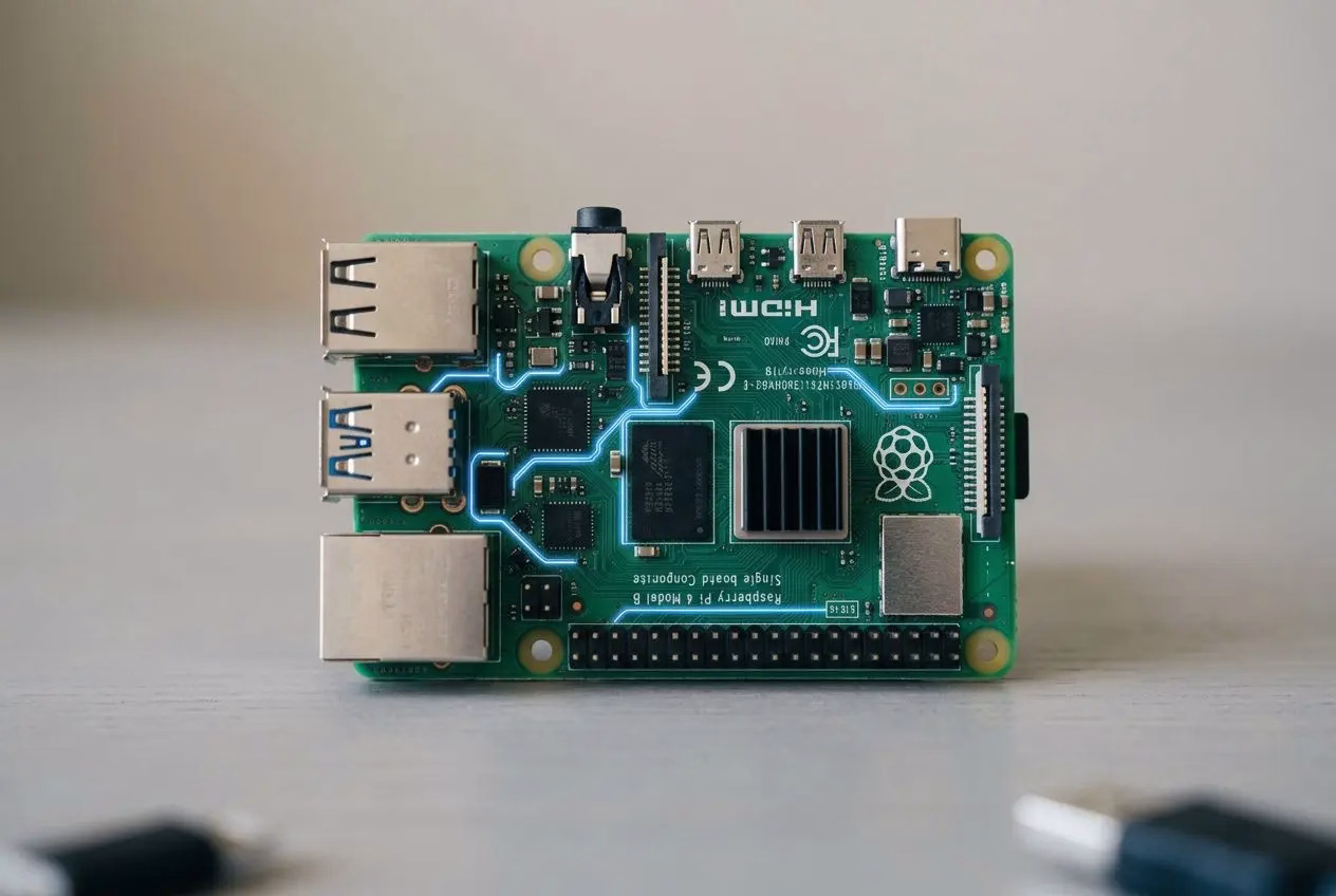 Carte Raspberry Pi vue de face avec connecteurs USB et microSD, mise en avant pour l’ia motion design et ses projets tech.