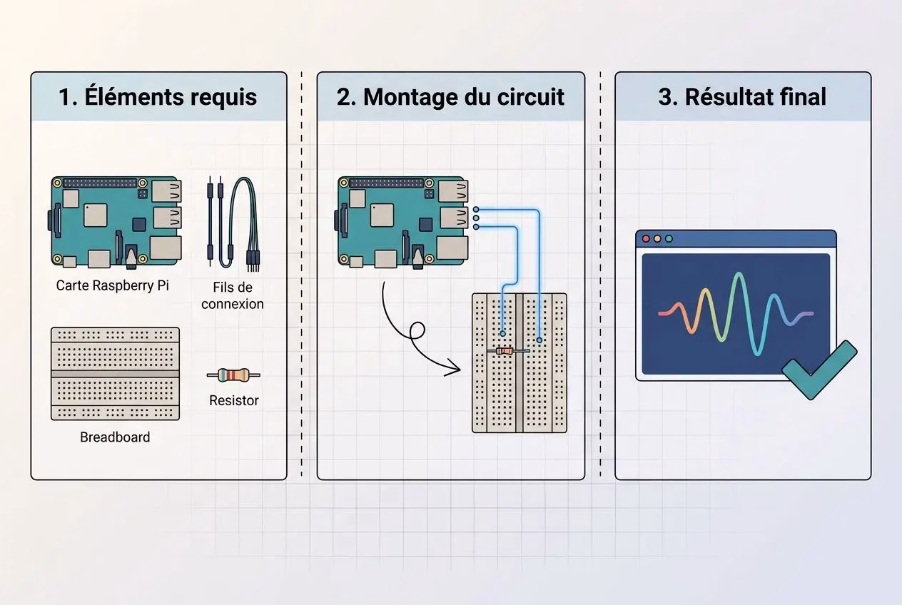 Illustration pas à pas d’un montage Raspberry Pi: éléments requis, montage du circuit sur breadboard et résultat final affiché sur un écran avec motif d’onde. ia motion design intégrée.