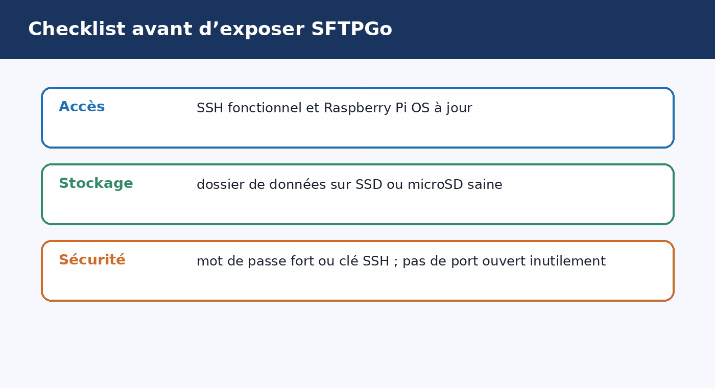 Checklist de préparation avant l’installation de SFTPGo sur Raspberry Pi