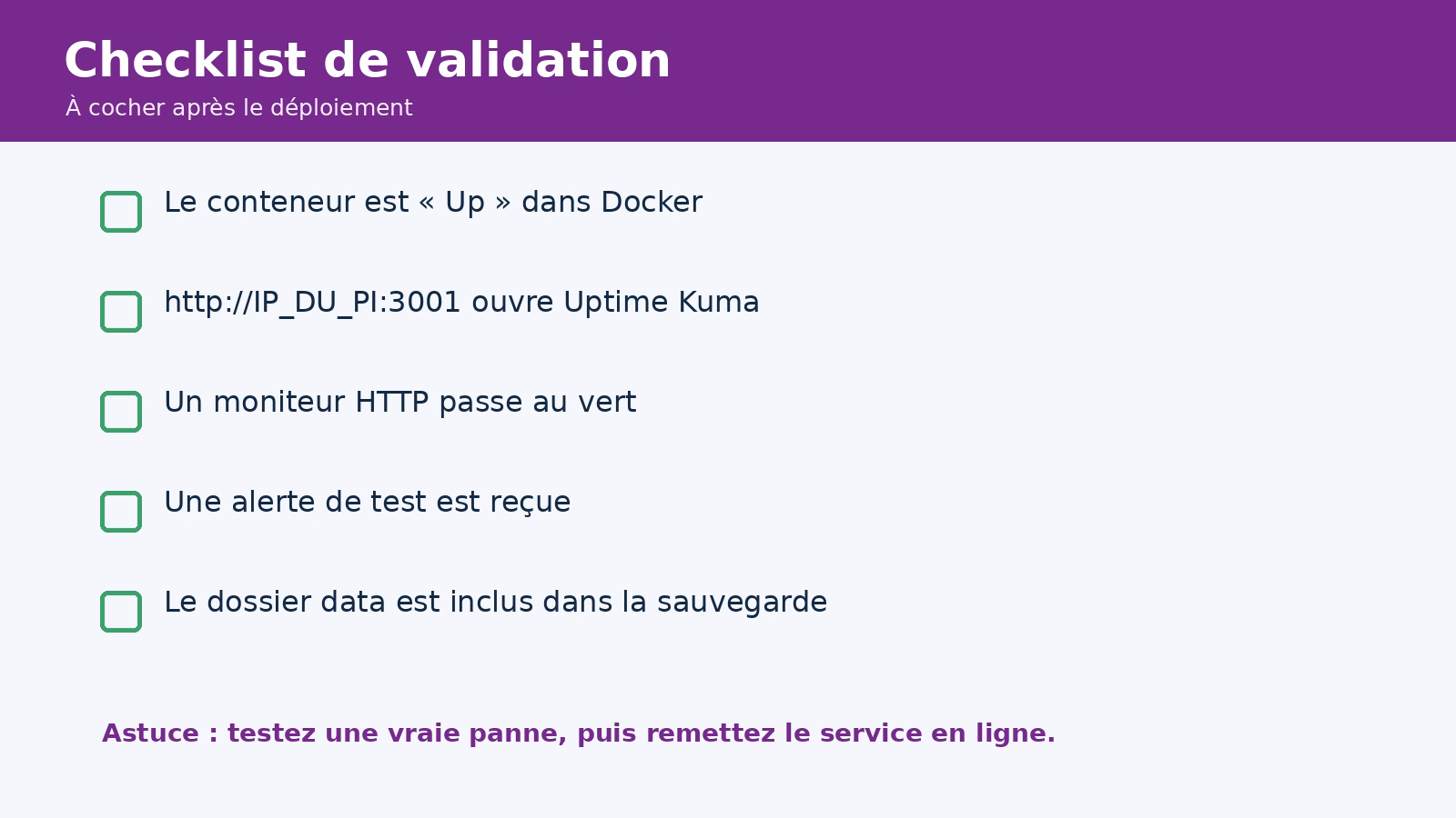 Checklist de validation après l’installation d’Uptime Kuma sur Raspberry Pi